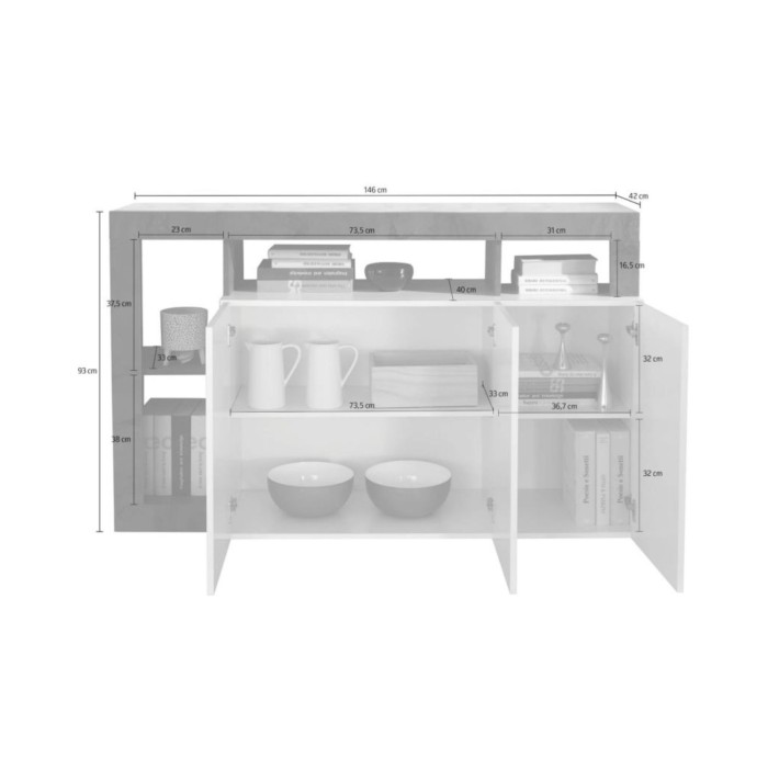 Buffet 3 portes BURA blanc laqué et bois foncé dimensions