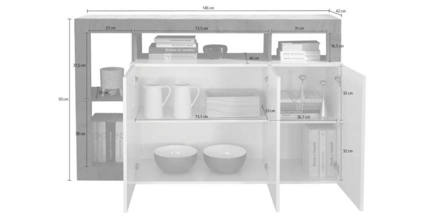 Buffet BURA 3 Türen 146 cm – Hochglanz Weiß und dunkles Holzdekor – Zeitgenössisches Design