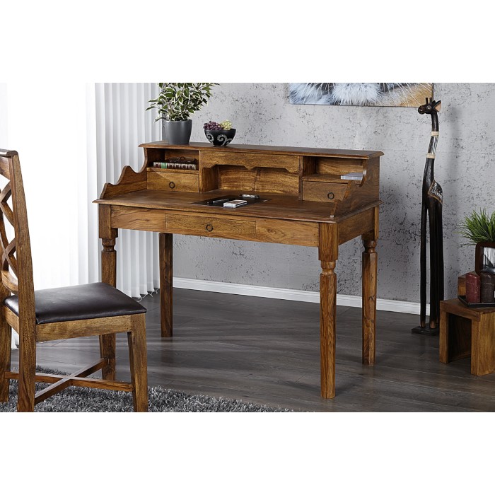 Escritorio recto ORBO 115 cm en madera maciza de Sheesham barnizada con 3 cajones y 3 nichos – Estilo Davenport