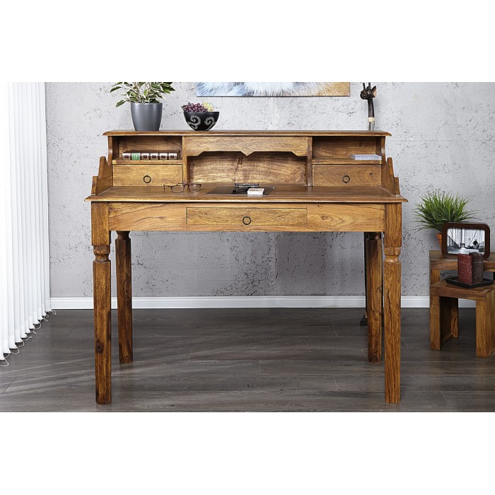 Escritorio recto ORBO 115 cm en madera maciza de Sheesham barnizada con 3 cajones y 3 nichos – Estilo Davenport