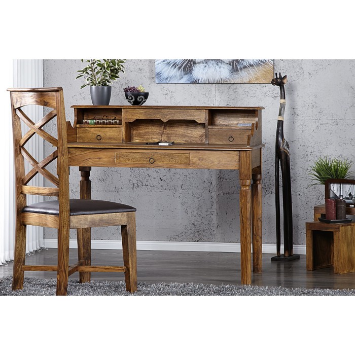 Escritorio recto ORBO 115 cm en madera maciza de Sheesham barnizada con 3 cajones y 3 nichos – Estilo Davenport