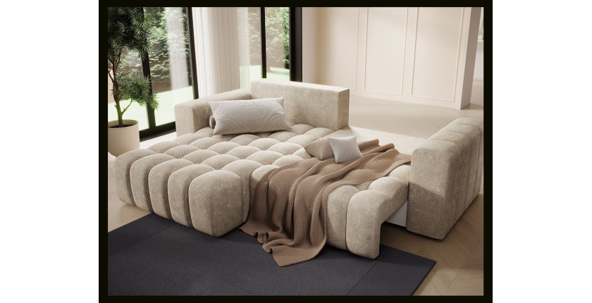 Canapé d’angle convertible DORY beige 250 cm avec coffre de rangement angle gauche 