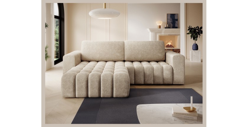 Canapé d’angle convertible DORY beige 250 cm avec coffre de rangement angle gauche 