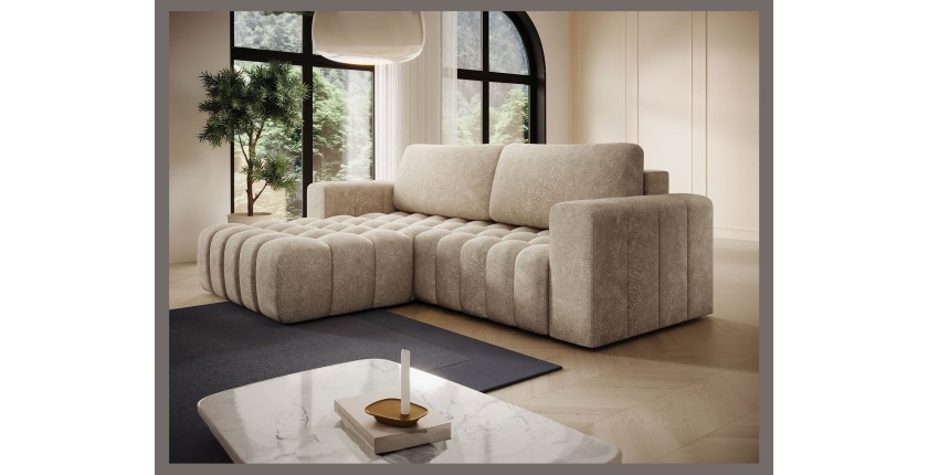 Canapé d’angle convertible DORY beige 250 cm avec coffre de rangement angle gauche 
