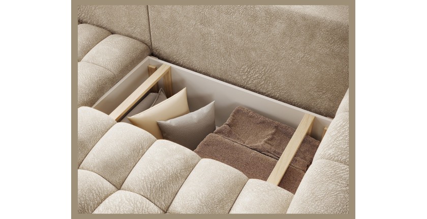 Canapé d’angle convertible DORY beige 250 cm avec coffre de rangement angle gauche 