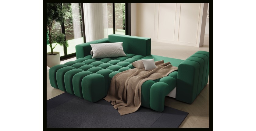 Canapé d’angle convertible DORY vert foncé 250 cm avec coffre de rangement angle gauche 