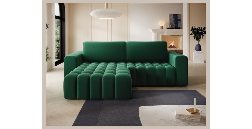 Canapé d’angle convertible DORY vert foncé 250 cm avec coffre de rangement angle gauche 