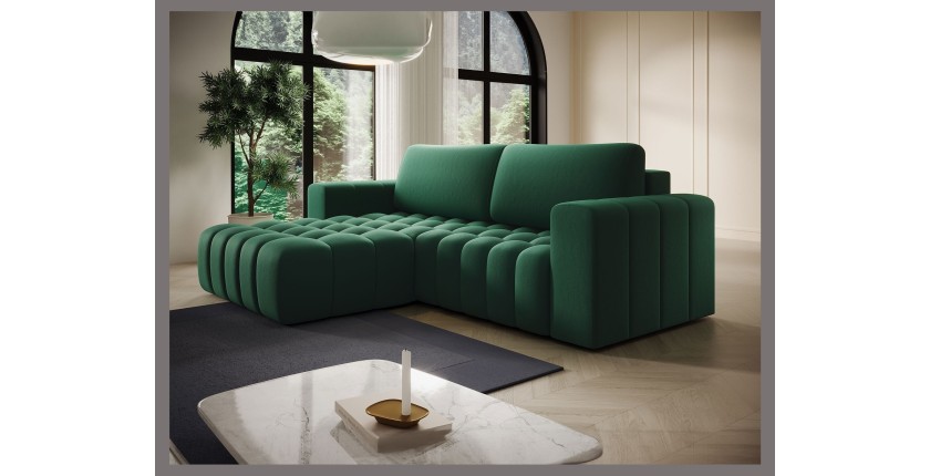 Canapé d’angle convertible DORY vert foncé 250 cm avec coffre de rangement angle gauche 