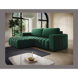 Canapé d’angle convertible DORY vert foncé 250 cm avec coffre de rangement angle gauche 