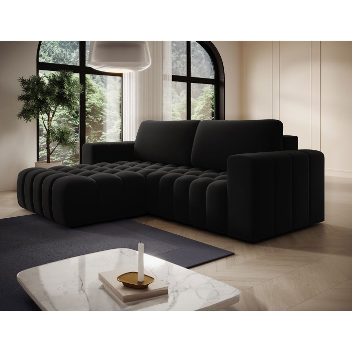Canapé d’angle convertible DORY noir 250 cm avec coffre de rangement angle gauche 