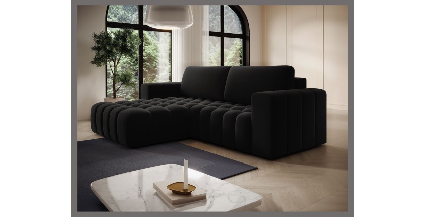 Canapé d’angle convertible DORY noir 250 cm avec coffre de rangement angle gauche 