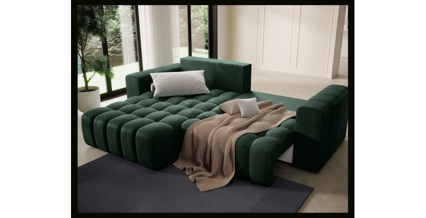 Canapé d’angle convertible DORY vert foncé 250 cm avec coffre de rangement angle gauche 