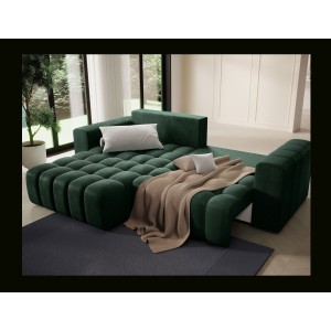 Canapé d’angle convertible DORY vert foncé 250 cm avec coffre de rangement angle gauche 