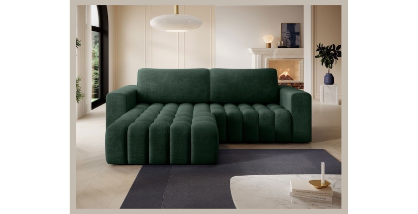 Canapé d’angle convertible DORY vert foncé 250 cm avec coffre de rangement angle gauche 