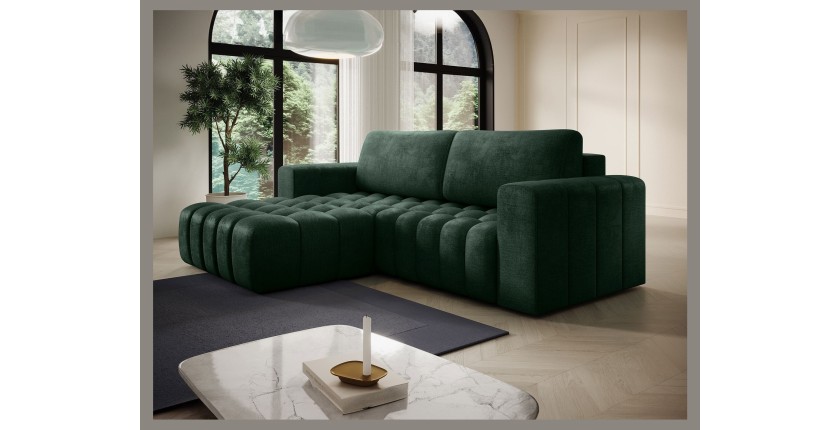 Canapé d’angle convertible DORY vert foncé 250 cm avec coffre de rangement angle gauche 
