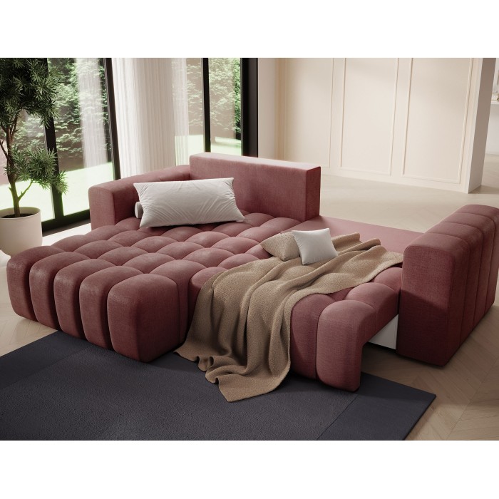 Canapé d’angle convertible DORY rose 250 cm avec coffre de rangement angle gauche 