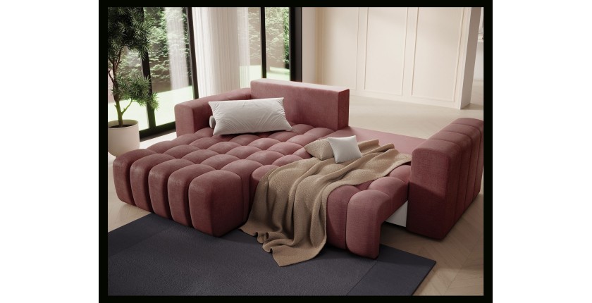 Canapé d’angle convertible DORY rose 250 cm avec coffre de rangement angle gauche 