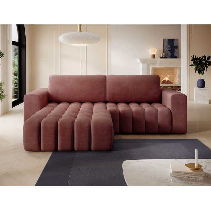 Canapé d’angle convertible DORY rose 250 cm avec coffre de rangement angle gauche 