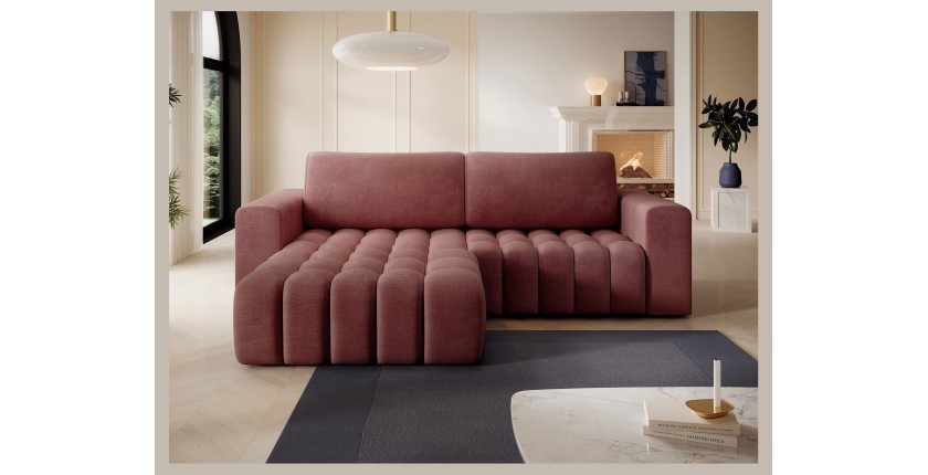 Canapé d’angle convertible DORY rose 250 cm avec coffre de rangement angle gauche 
