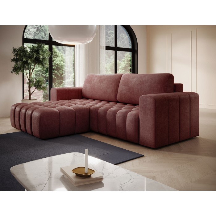 Canapé d’angle convertible DORY rose 250 cm avec coffre de rangement angle gauche 