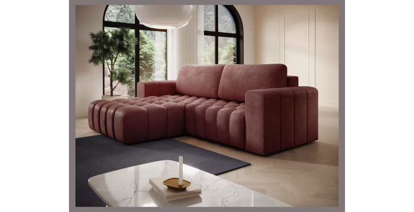 Canapé d’angle convertible DORY rose 250 cm avec coffre de rangement angle gauche 