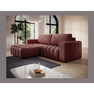 Canapé d’angle convertible DORY rose 250 cm avec coffre de rangement angle gauche 
