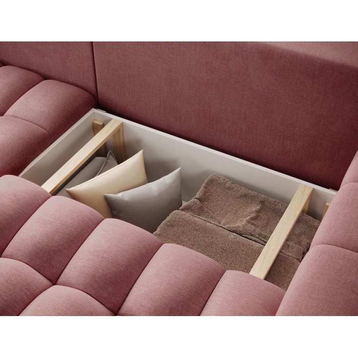 Canapé d’angle convertible DORY rose 250 cm avec coffre de rangement angle gauche 