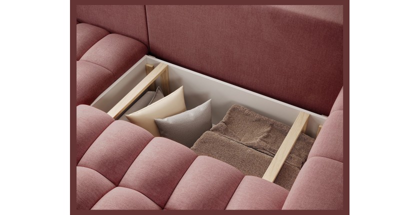 Canapé d’angle convertible DORY rose 250 cm avec coffre de rangement angle gauche 