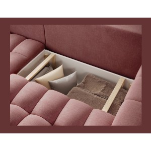 Canapé d’angle convertible DORY rose 250 cm avec coffre de rangement angle gauche 