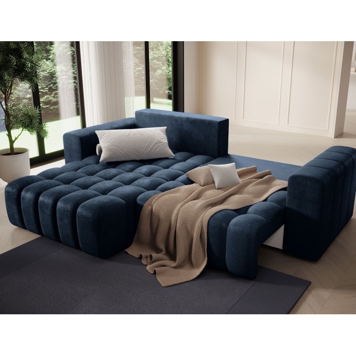 Canapé d’angle convertible DORY bleu foncé 250 cm avec coffre de rangement angle gauche 