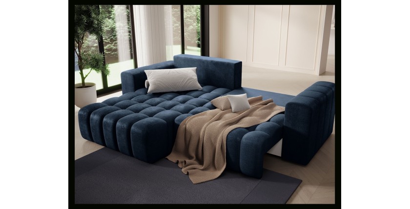 Canapé d’angle convertible DORY bleu foncé 250 cm avec coffre de rangement angle gauche 
