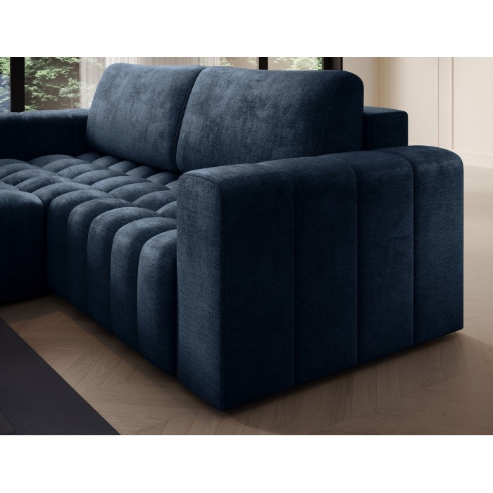Canapé d’angle convertible DORY bleu foncé 250 cm avec coffre de rangement angle gauche 