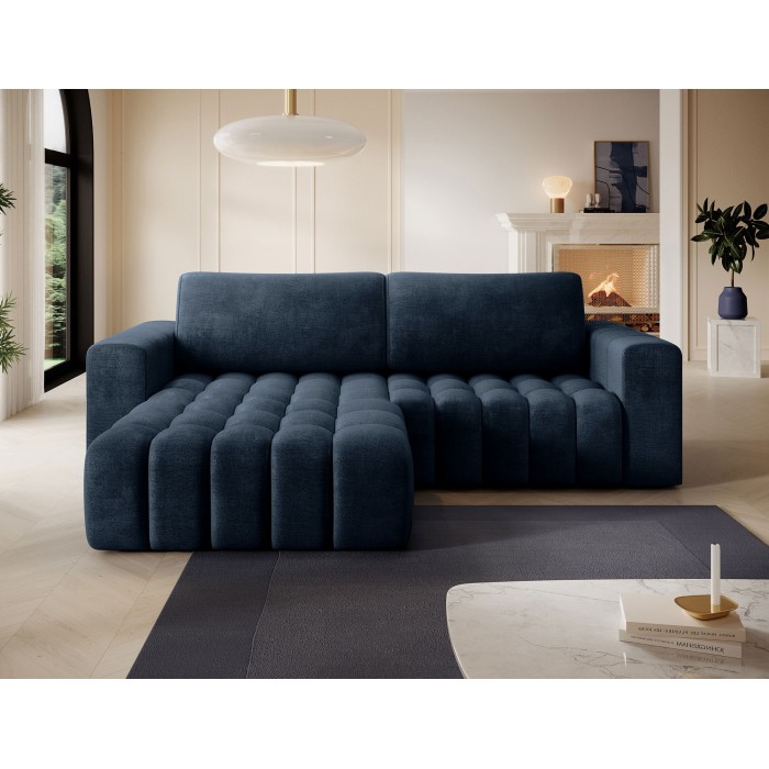 Canapé d’angle convertible DORY bleu foncé 250 cm avec coffre de rangement angle gauche 