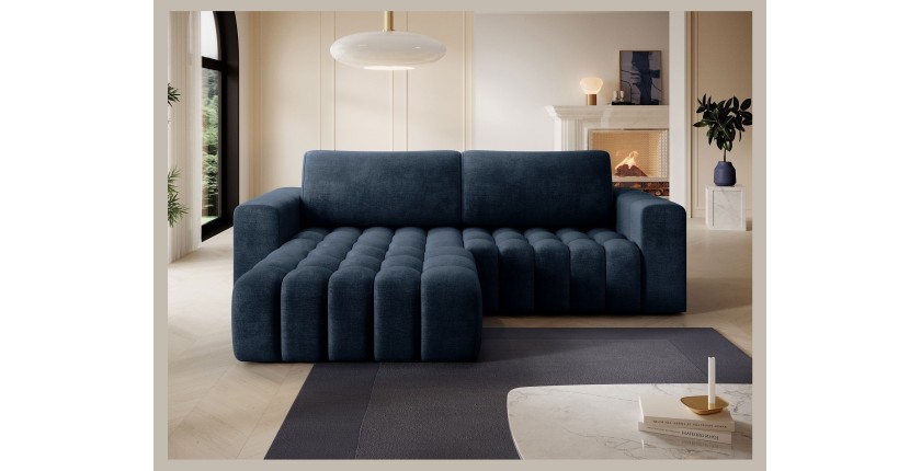 Canapé d’angle convertible DORY bleu foncé 250 cm avec coffre de rangement angle gauche 