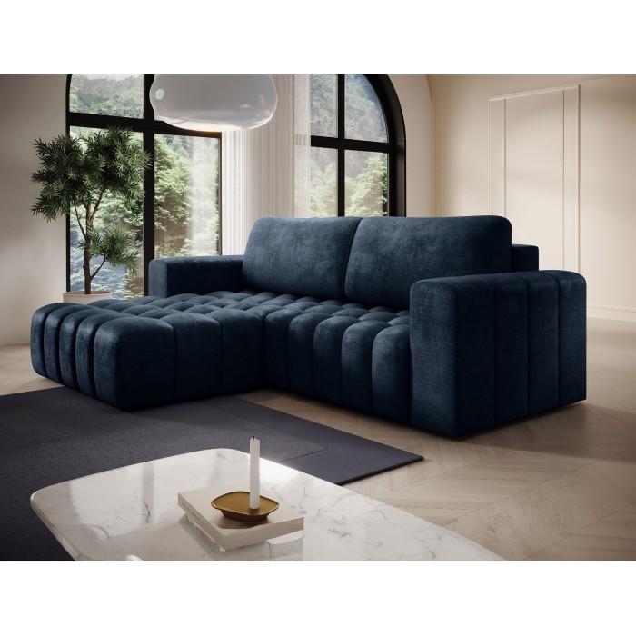 Canapé d’angle convertible DORY bleu foncé 250 cm avec coffre de rangement angle gauche 