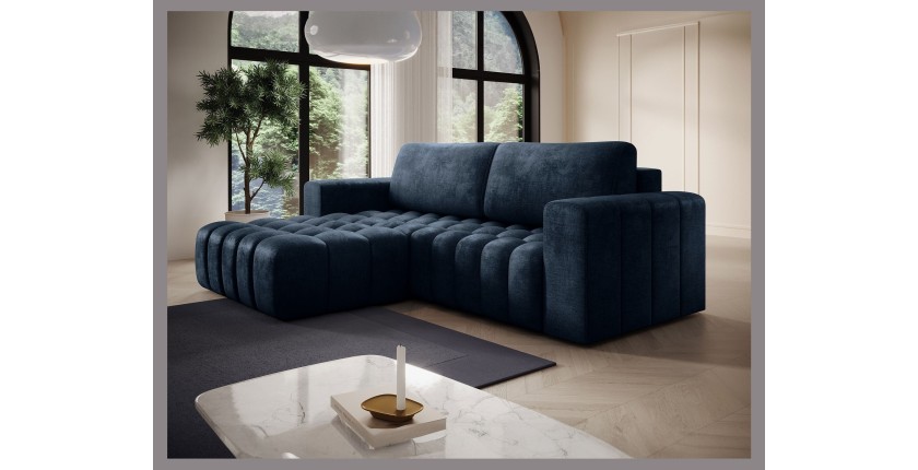 Canapé d’angle convertible DORY bleu foncé 250 cm avec coffre de rangement angle gauche 