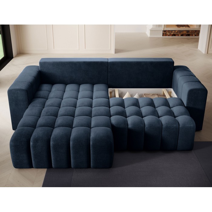 Canapé d’angle convertible DORY bleu foncé 250 cm avec coffre de rangement angle gauche 