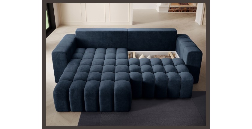 Canapé d’angle convertible DORY bleu foncé 250 cm avec coffre de rangement angle gauche 