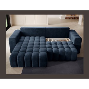 Canapé d’angle convertible DORY bleu foncé 250 cm avec coffre de rangement angle gauche 
