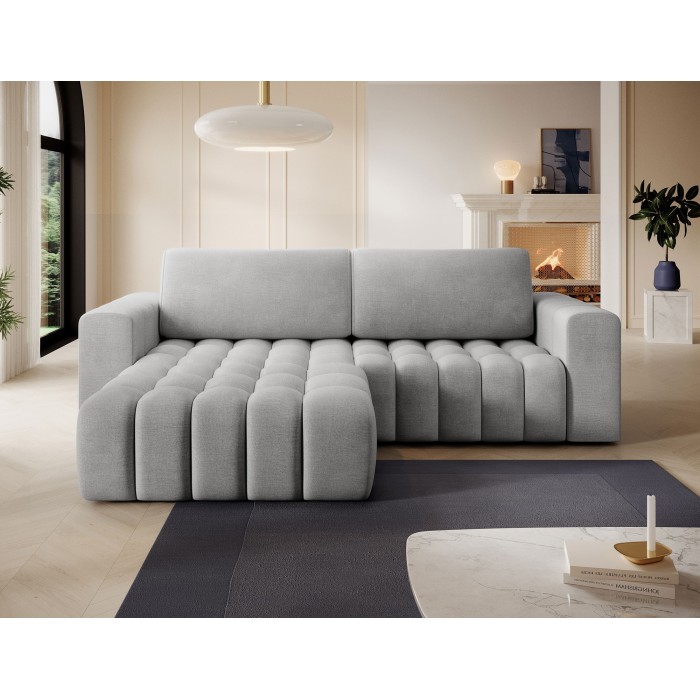Canapé d’angle convertible DORY gris 250 cm avec coffre de rangement angle gauche 