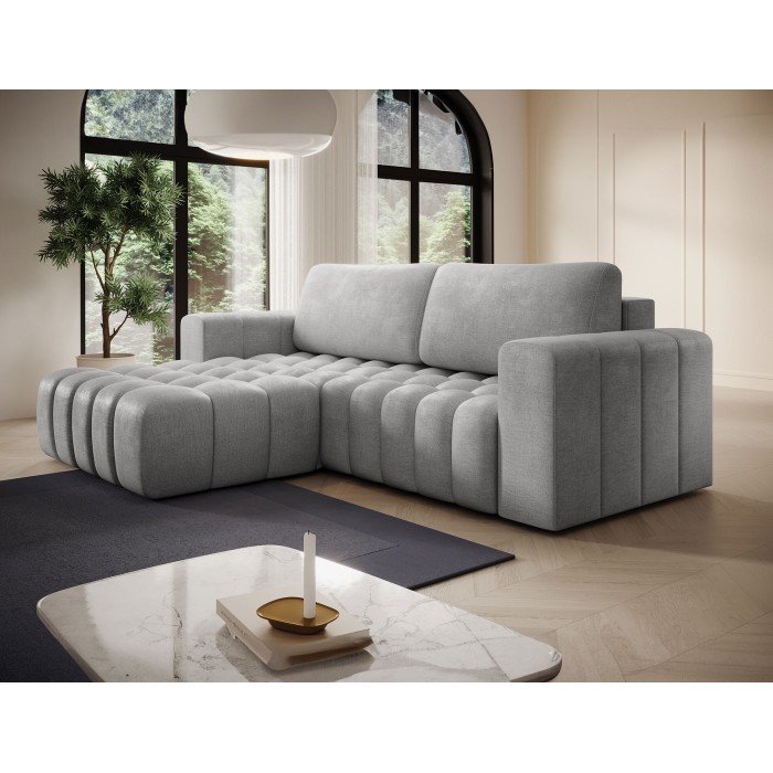 Canapé d’angle convertible DORY gris 250 cm avec coffre de rangement angle gauche 