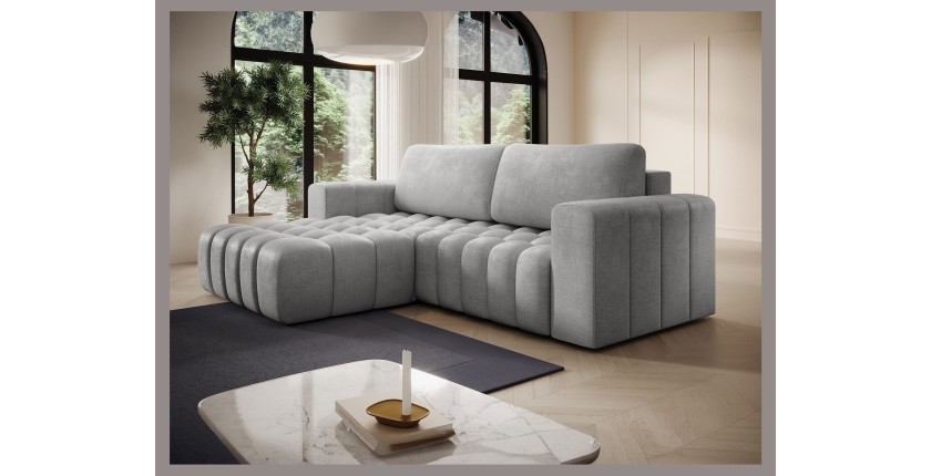 Canapé d’angle convertible DORY gris 250 cm avec coffre de rangement angle gauche 
