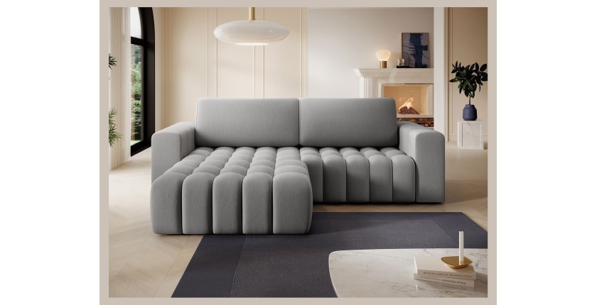Canapé d’angle convertible DORY gris 250 cm avec coffre de rangement angle gauche 