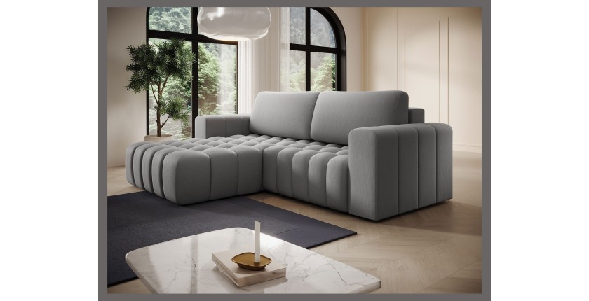 Canapé d’angle convertible DORY gris 250 cm avec coffre de rangement angle gauche 