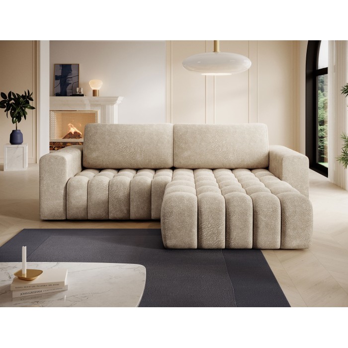 Canapé d’angle convertible DORY beige 250 cm avec coffre de rangement angle droit 
