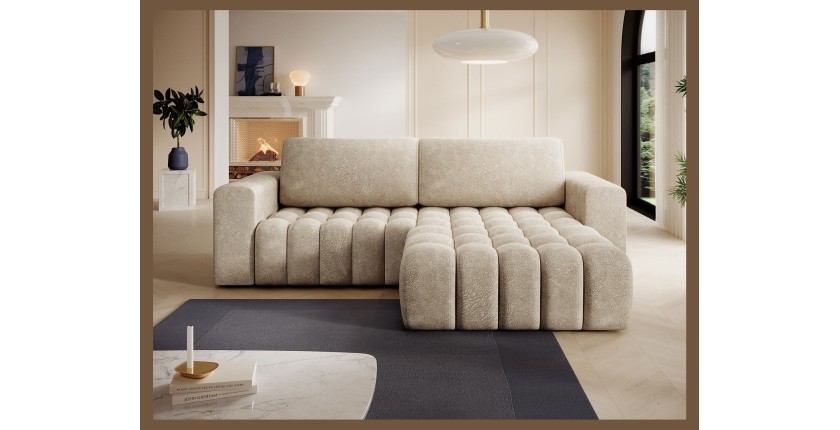 Canapé d’angle convertible DORY beige 250 cm avec coffre de rangement angle droit 