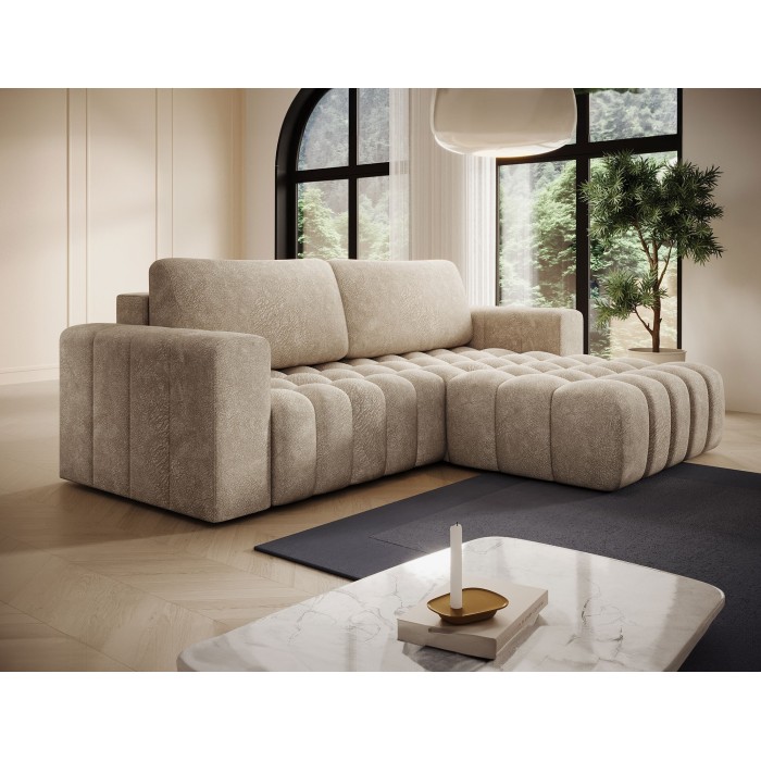 Canapé d’angle convertible DORY beige 250 cm avec coffre de rangement angle droit 