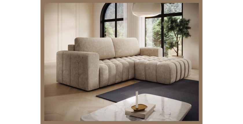 Canapé d’angle convertible DORY beige 250 cm avec coffre de rangement angle droit 