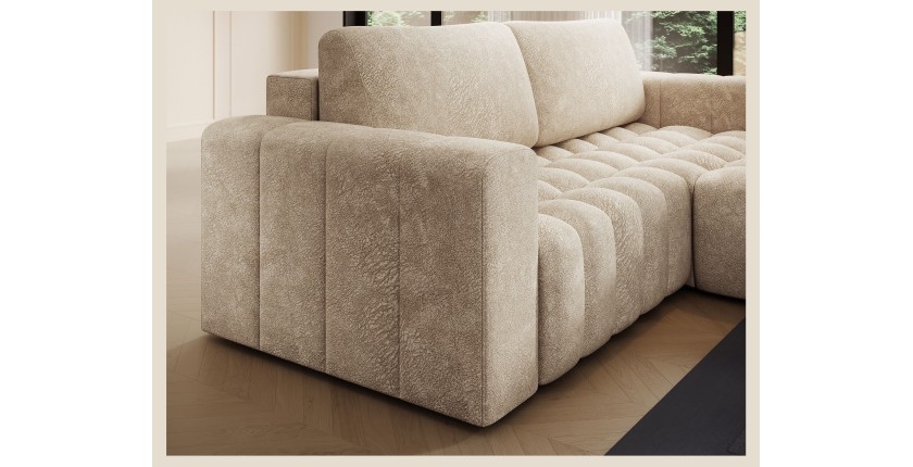 Canapé d’angle convertible DORY beige 250 cm avec coffre de rangement angle droit 