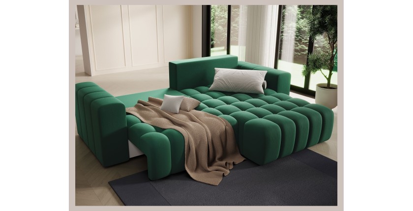 Canapé d’angle convertible DORY vert foncé 250 cm avec coffre de rangement angle droit 
